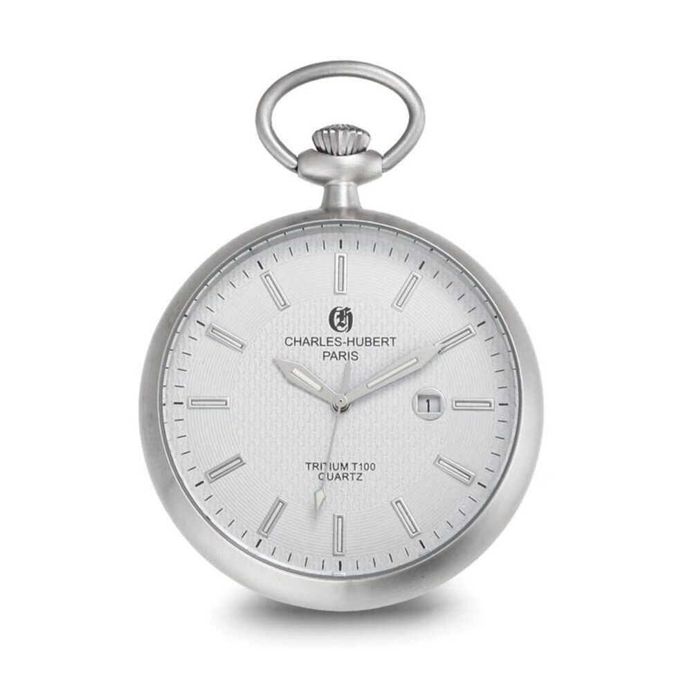 Charles Hubert Stainless Open White Face Tritium Quartz Pocket Watch